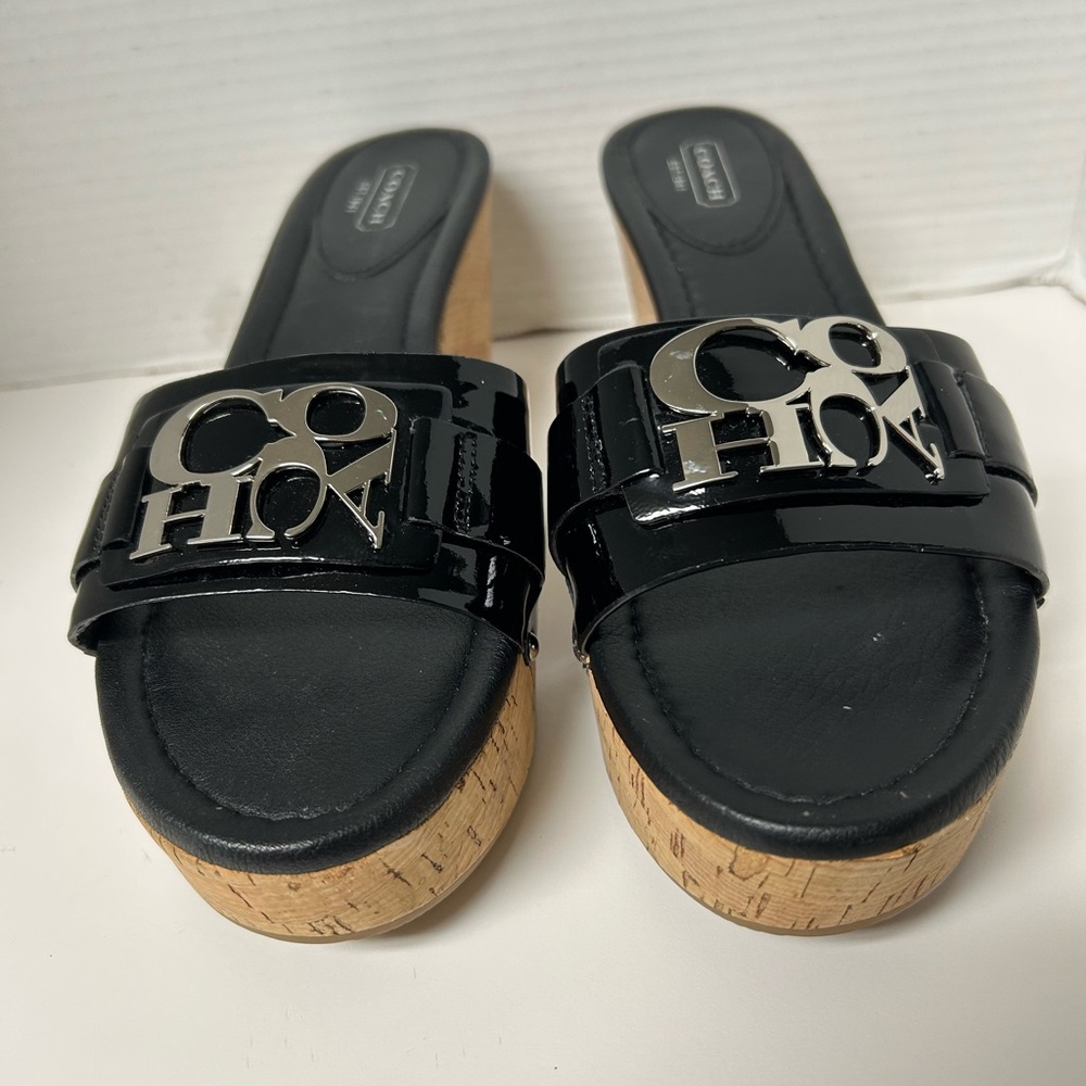 COACH Jen Black Patent Leather Cork Wedge Platform Sandals 9.5 NWOT